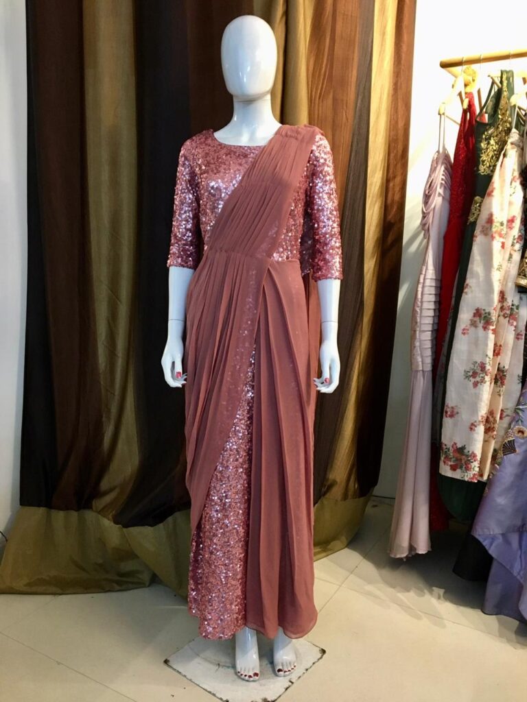 Mehroon Georgette drape dress with inner Sequin | PEARL TRENDZ INDIA